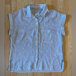 Rails Linen Blend Blue White Striped Embroidered Floral Cap-Sleeved Blouse, M